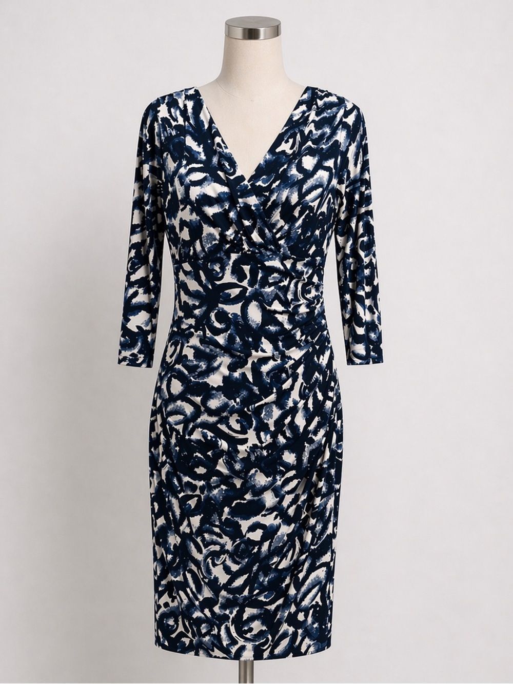 Ralph Lauren Faux Wrap Ruched Stretch Dress Abstract 3/4 Sleeve Blue White 8